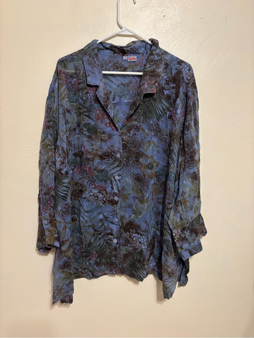 Tianello 2X Abstract Floral Button Front Blouse Blue Brown Plus Size